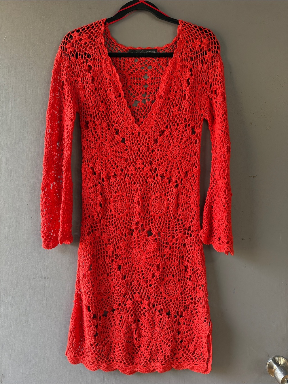Patterson J. Kincaid Vibrant Red Crochet V-Neck Long Sleeve Dress